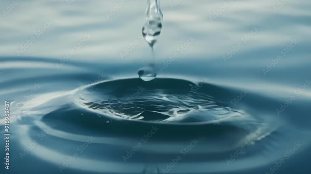 The camera focuses on a single droplet falling onto the water causing a ripple effect that spreads out in all directions. The camera focuses on a single droplet falling onto the water causing a ripple effect that spreads out in all directions.