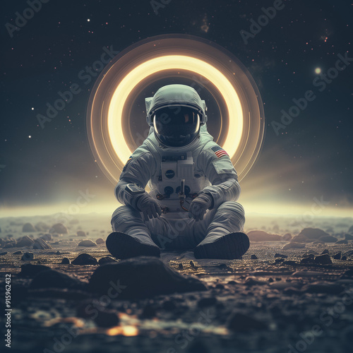 An astronaut sitting on a rocky surface with a cosmic backdrop featuring a glowing ring.