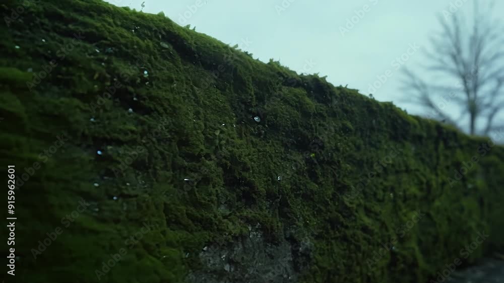 Up close view of velvety moss creeping over an old stone wall creating a soft and inviting texture. Up close view of velvety moss creeping over an old stone wall creating a soft and inviting texture.