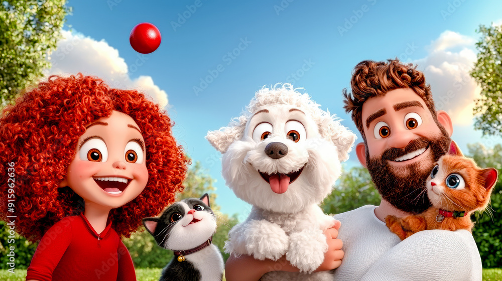 Joyful Family Outing Animated scene of a happy family enjoying time together with their adorable pets in a sunny park capturing the essence of love and companionship Joyful Family Outing Animated scene of a happy family enjoying time together with their adorable pets in a sunny park capturing the essence of love and companionship