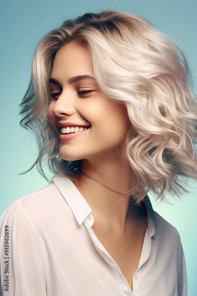 Portrait of a young girl with blond wavy hair. fair-haired woman with a smile. young age
