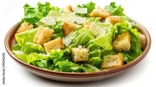 A bowl of Caesar salad with romaine lettuce, croutons, parmesan cheese, and dressing.