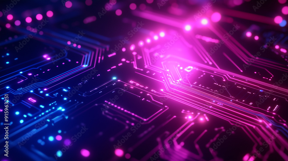 Futuristic Neon Circuit Board with Glowing Pink and Blue Lights in a Digital Technology Concept Futuristic Neon Circuit Board with Glowing Pink and Blue Lights in a Digital Technology Concept