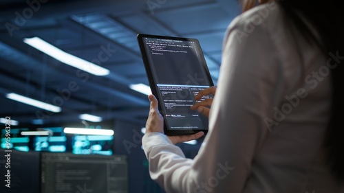 Obraz na plátne Data center software developer responsible for installation of networking equipment solving tasks on device