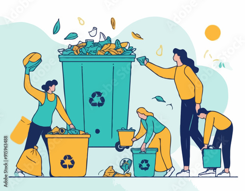 Plastic pollution problem concept. People collecting and sorting plastic trash into recycling garbage bin. Outline design style minimal vector illustration for landing page