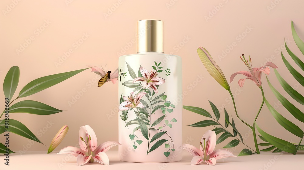 A perfume bottle with a golden cap, surrounded by lilies and leaves on a beige background. A perfume bottle with a golden cap, surrounded by lilies and leaves on a beige background.