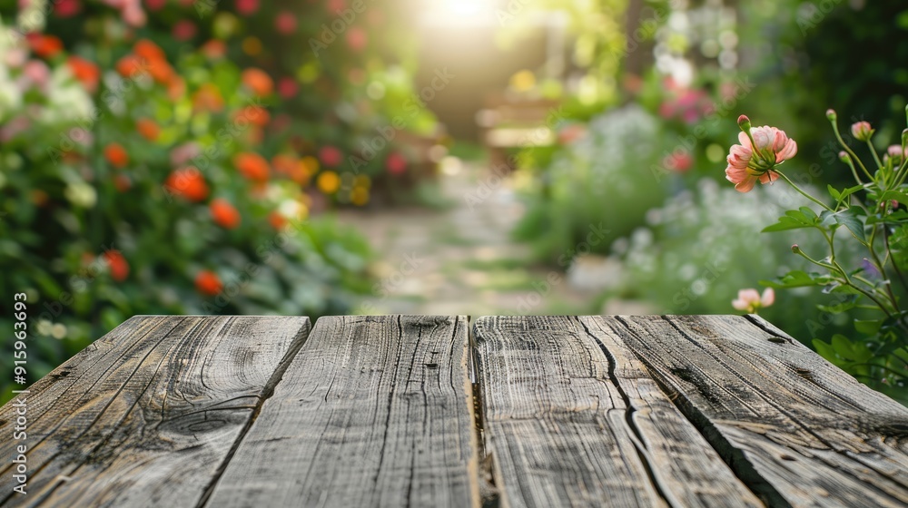 Wooden table with garden blur for food or catering theme, Product display template Wooden table with garden blur for food or catering theme, Product display template