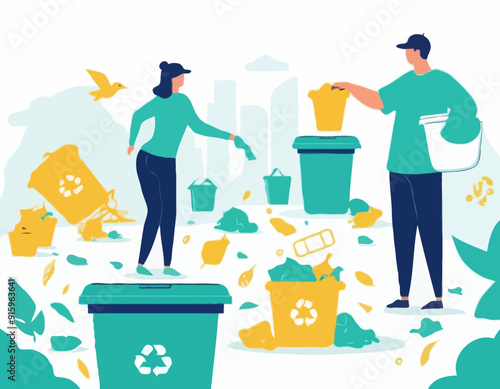 Plastic pollution problem concept. People collecting and sorting plastic trash into recycling garbage bin. Outline design style minimal vector illustration for landing page