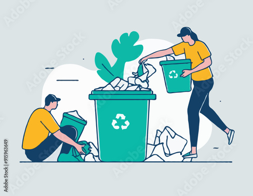 Plastic pollution problem concept. People collecting and sorting plastic trash into recycling garbage bin. Outline design style minimal vector illustration for landing page