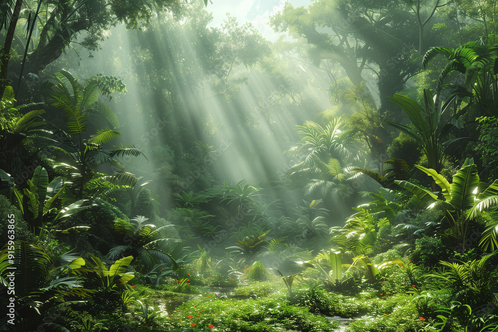 Fototapeta premium Sunbeams filter through the dense canopy of a lush tropical rainforest, illuminating the misty green foliage and ferns in a serene morning scene.