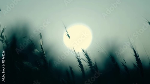 Closeup of tiny silhouettes of grass blades swaying gently in the breeze like dancers performing a delicate routine. photo