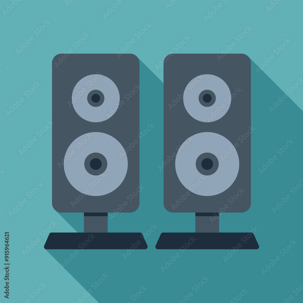 Two audio speakers standing on floor, playing music, sound, audio equipment for home theater or music studio Two audio speakers standing on floor, playing music, sound, audio equipment for home theater or music studio