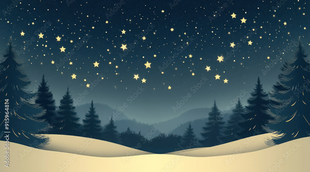 Naklejka premium Winter Christmas and New Year's Eve background with starry night sky and Christmas trees in the background. Banner. Monochrome blue and yellow illustration. Copy space