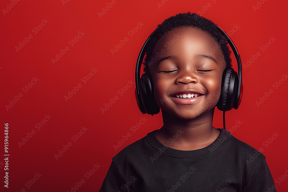 A black toddler wearing headphones with short hair, he is smiling with his eyes closed enjoying music.generative ai
