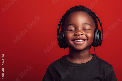 Obraz na płótnie A black toddler wearing headphones with short hair, he is smiling with his eyes closed enjoying music.generative ai w salonie
