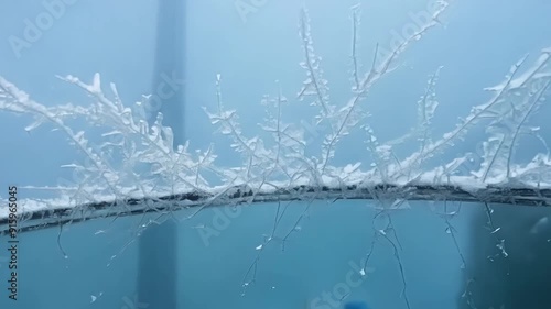 A detailed view of frost covering the corners of a window with tiny spikes forming like a frosty crown. photo