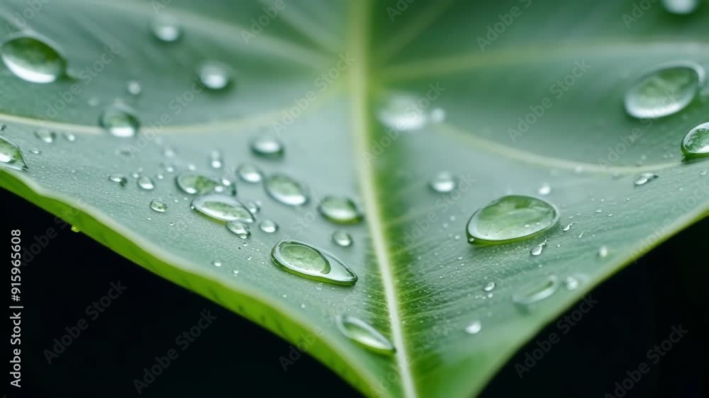Droplets of rain hitting a leaf rolling off its edges and disappearing leaving behind a shiny surface. Droplets of rain hitting a leaf rolling off its edges and disappearing leaving behind a shiny surface.
