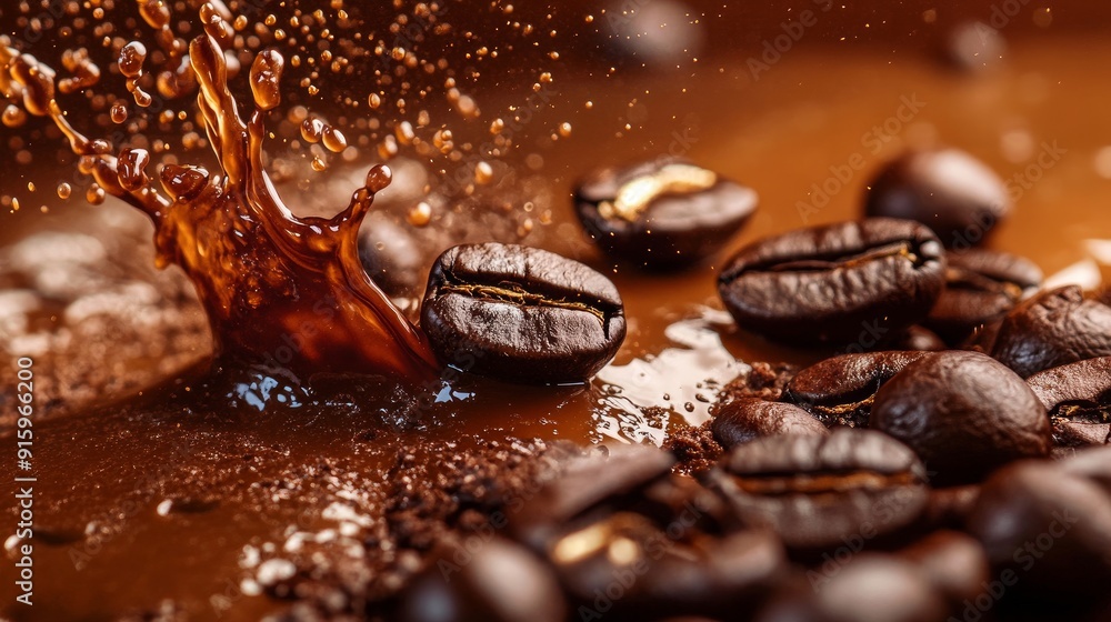 Hot coffee grains on a brown background with a splash Hot coffee grains on a brown background with a splash
