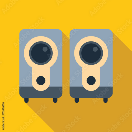 Two gray audio speakers with yellow details standing on yellow background, music and sound concept