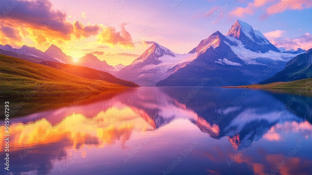 Dawn view over Bachalpsee Lake of the Bernese Alps. In the Grindelwald valley and the famous Swiss alpine location of the Eiger, Jungfrau, and Faulhorn Dawn view over Bachalpsee Lake of the Bernese Alps. In the Grindelwald valley and the famous Swiss alpine location of the Eiger, Jungfrau, and Faulhorn