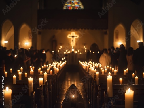 A serene candlelit church interior with worshippers gathering in reflection and prayer, illuminated by soft, warm candlelight.