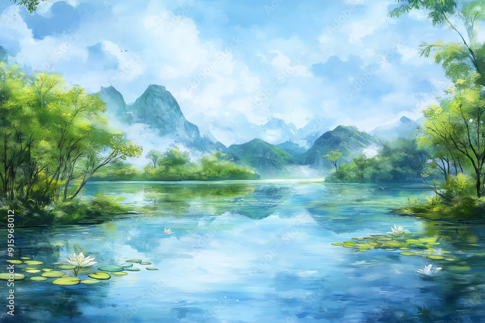 Tranquil mountain lake with lush green foliage and water lilies. Tranquil mountain lake with lush green foliage and water lilies.