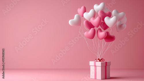 pink and white heart shaped balloons and gift box. happy valentine's day background