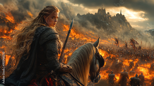 Warrior princess on armored horse, spear ready, amidst chaotic battle.generative ai