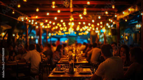 blurred image of customers in a restaurant, highlighting the lively atmosphere and social interactions, with a focus on the background ambiance and dining experience