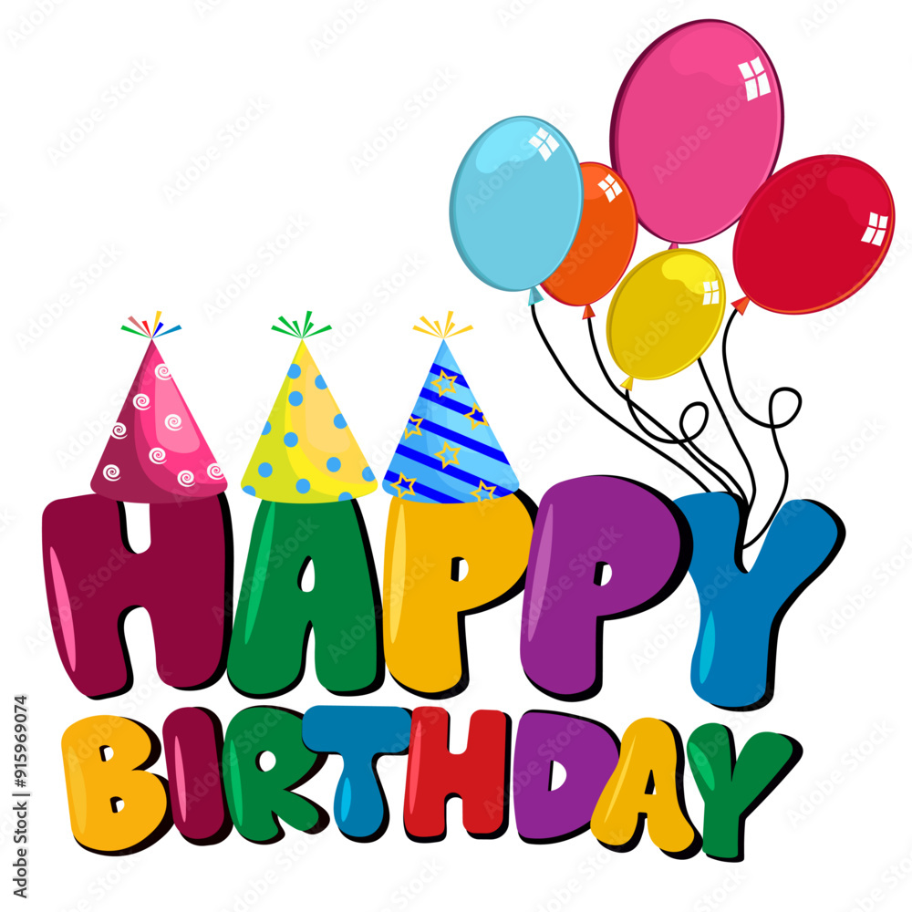 Obraz premium Inscription Happy Birthday caps and balloons