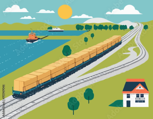 Logistician planning route for train delivery. Railway shipment transport, cargo freight logistics stock illustration
