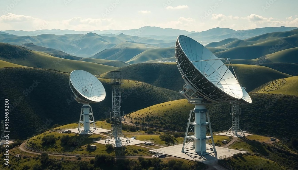 Obraz premium huge satellite dishes at the open field and sky 