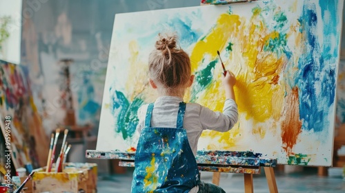 Creative unschooling child immersed in painting a colorful artwork, in a light-filled art studio with a casual, paint-stained apron, and an inspiring, artistic environment. photo