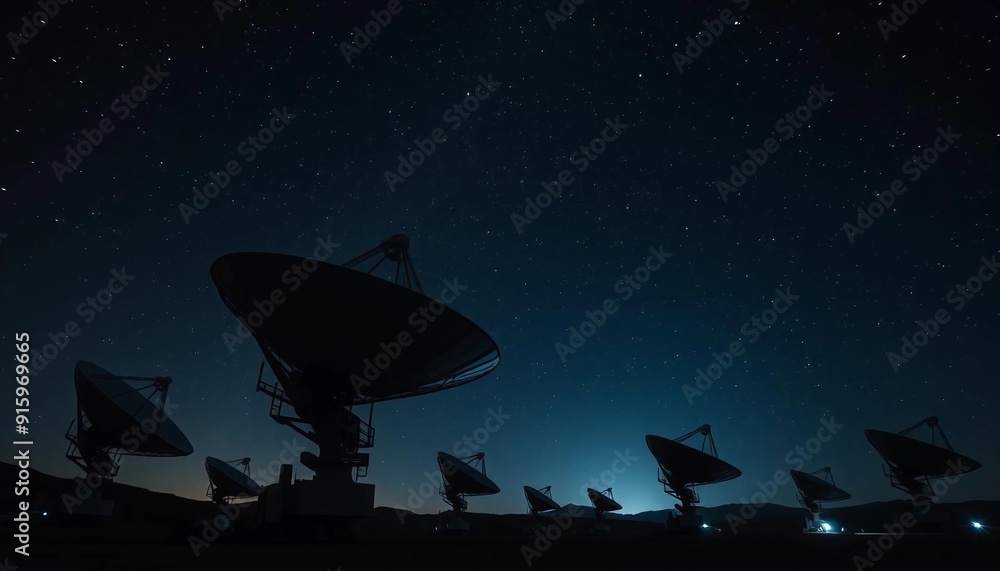 A network of large satellite dishes silhouetted against the night sky, antennas pointed toward stars, transmitting and receiving data from space. Lit by the faint glow of distant galaxies, showcasing A network of large satellite dishes silhouetted against the night sky, antennas pointed toward stars, transmitting and receiving data from space. Lit by the faint glow of distant galaxies, showcasing