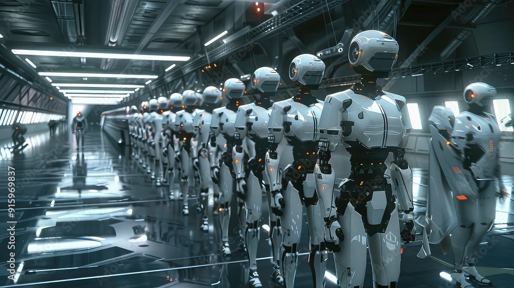 Obraz premium A line of humanoid robots stand in a futuristic corridor with sleek white walls and a reflective floor.