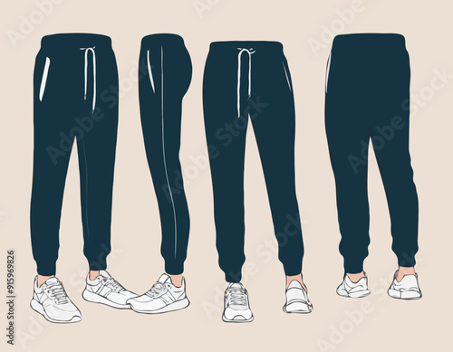 Jogger bottom Pants design flat sketch vector illustration, Track pants concept with front and back view, Sweatpants for running, jogging, fitness, and active wear pants design
