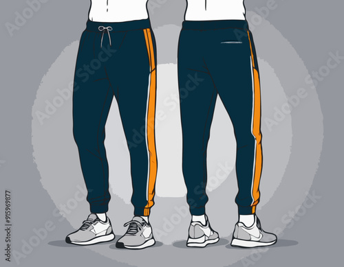 Jogger bottom Pants design flat sketch vector illustration, Track pants concept with front and back view, Sweatpants for running, jogging, fitness, and active wear pants design
