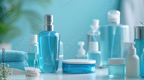 Various blue and white cosmetic bottles on a white surface, including a spray bottle, a cream jar, a pump bottle, and a small glass bottle.