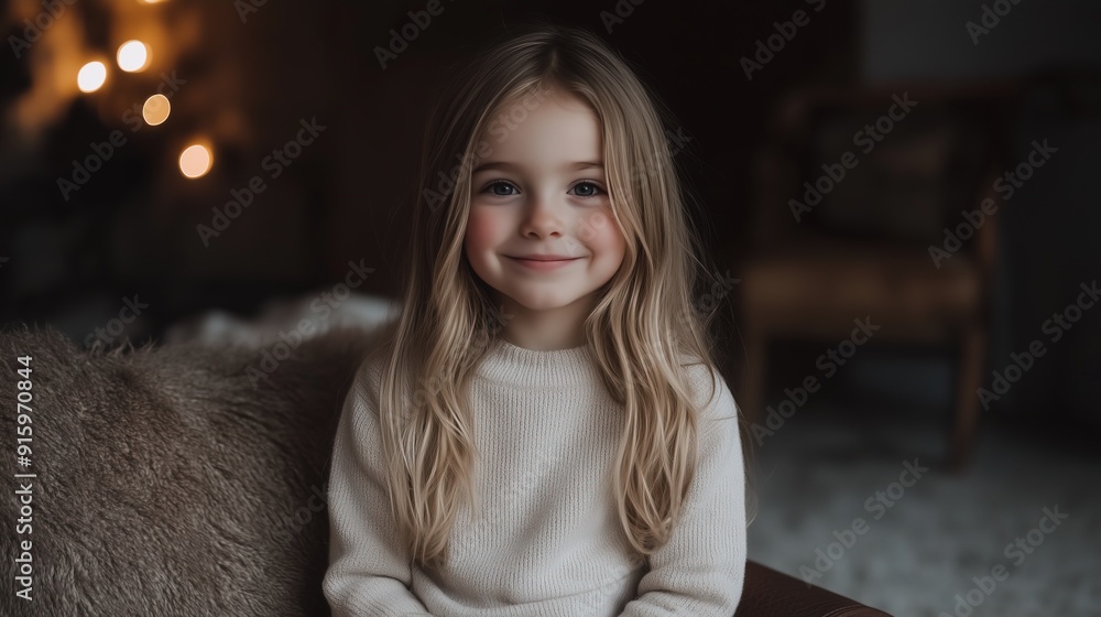 Caucasian girl smiling warmly, sitting on a cozy armchair with soft lighting in a homely setting Caucasian girl smiling warmly, sitting on a cozy armchair with soft lighting in a homely setting