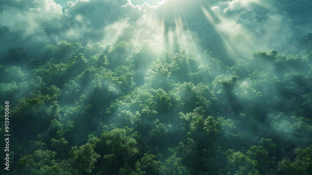 A scene shot from a bird's eye view shows a dense forest, with trees towering into the clouds and sunlight shining through the leaves,generative ai A scene shot from a bird's eye view shows a dense forest, with trees towering into the clouds and sunlight shining through the leaves,generative ai