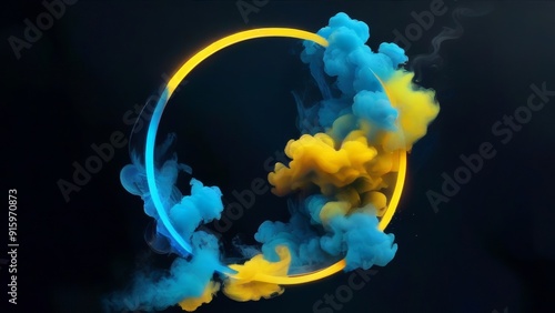 A circle of smoke with yellow and blue colors