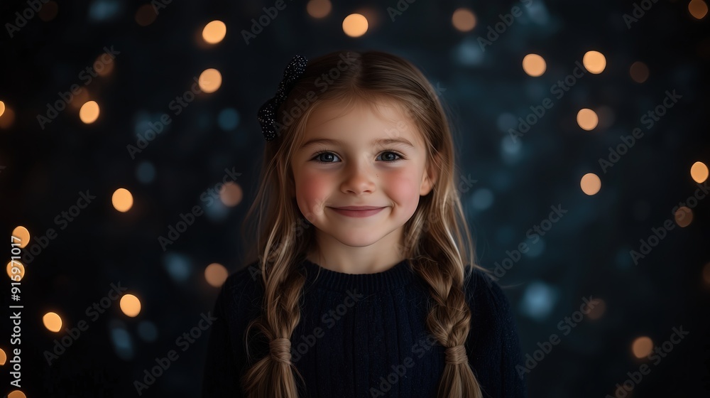 Caucasian girl with braids smiling warmly, standing against a dark background with bokeh lights Caucasian girl with braids smiling warmly, standing against a dark background with bokeh lights