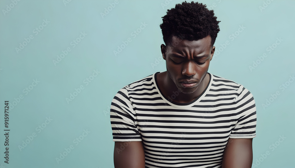 3D illustration of a sad and stressed African man in a striped t-shirt, capturing emotional distress on a light background 3D illustration of a sad and stressed African man in a striped t-shirt, capturing emotional distress on a light background