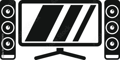 Home cinema system with big screen tv and speakers playing movie, icon in simple style