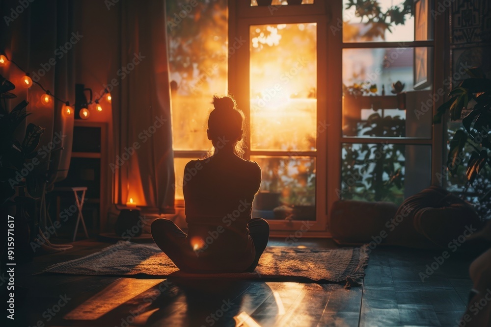 A tranquil scene of a person meditating in a cozy, sunlit room at dusk A tranquil scene of a person meditating in a cozy, sunlit room at dusk