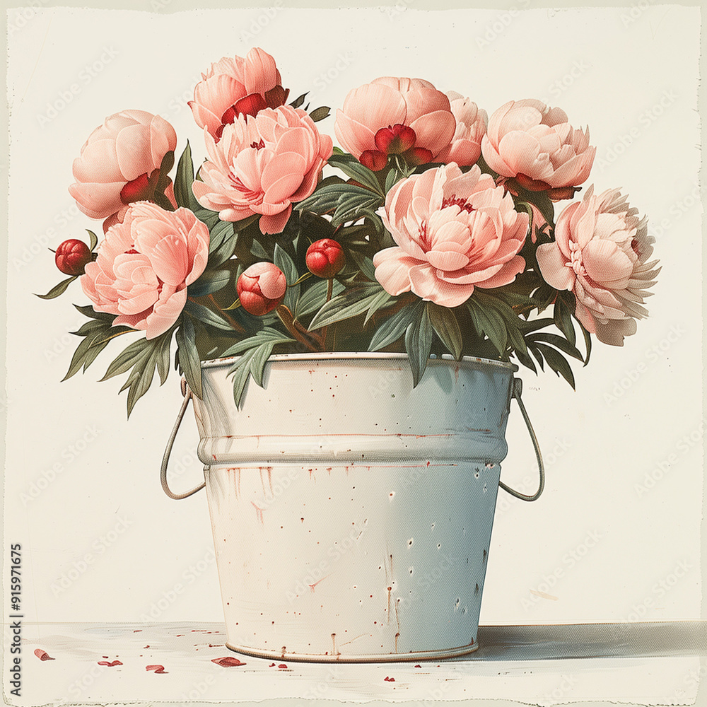 A bouquet of pink peonies in a rustic white bucket on a table. A bouquet of pink peonies in a rustic white bucket on a table.