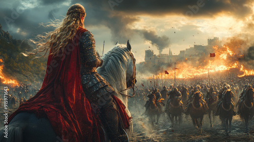 Warrior princess on armored horse, spear ready, amidst chaotic battle.generative ai