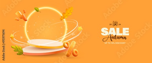 Autumn sale podium with falling leaves and discount tags with neon effect. Fall sale advertising banner. Thanksgiving or seasonal marketing materials. Vector illustration on orange background.