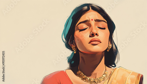 Illustration of a thoughtful Indian woman with a sad expression, depicted in a 3D style on a light background