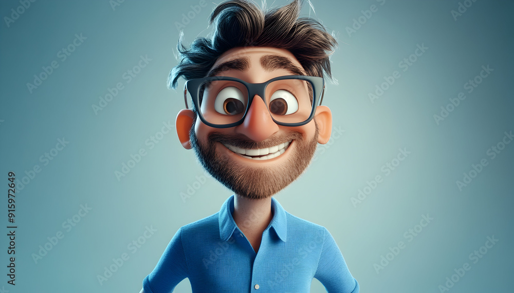 Illustration of a happy, smiling adult man in a blue shirt and big glasses, portrayed as a 3D cartoon character on a light background. Human emotions and expressions concept Illustration of a happy, smiling adult man in a blue shirt and big glasses, portrayed as a 3D cartoon character on a light background. Human emotions and expressions concept